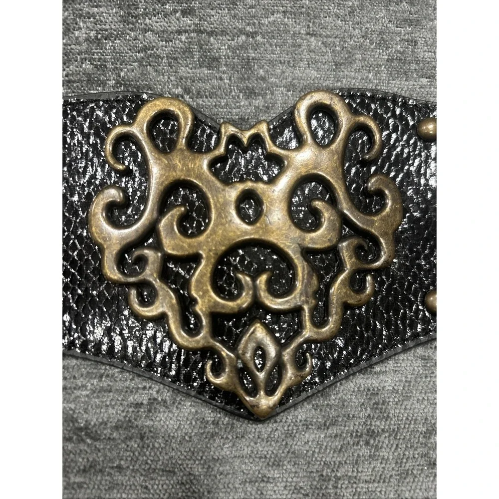 Womens Wide Stretch Waist Belt Black Faux Snakeskin Studded Filigree Buckle Boho